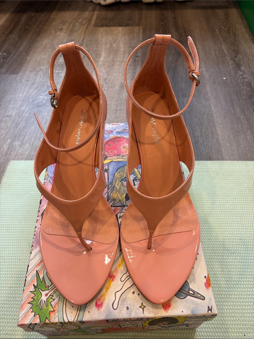 Jeffrey Campbell Patent Peach-Pink T-Strap Heeled Sandals